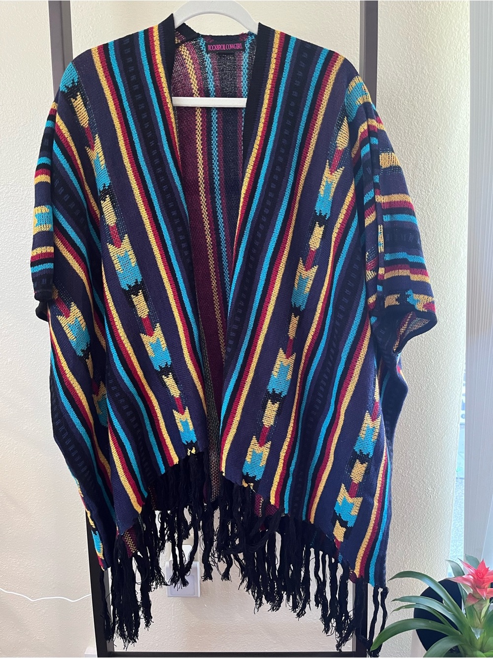 Rock & Candy Striped Fringe Knit Poncho in Black, Turquoise, Yellow & Burgundy